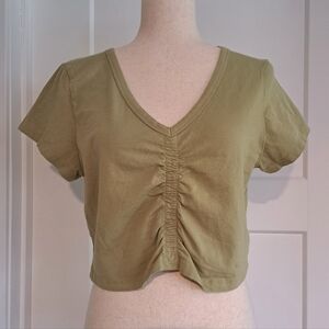 NWT V-Neck Cinch Front Crop Top (Light Olive) - American Eagle